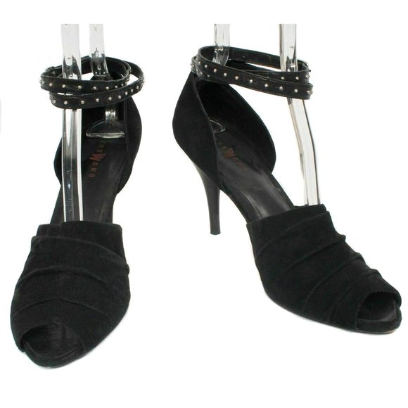 SUE WONG Black Suede Peep Toe Anke Strap Pumps with Studs Women’s Size 10 - Picture 3 of 6